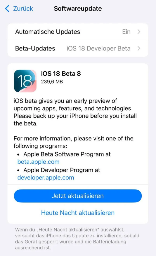 霍山苹果手机维修分享苹果 iOS / iPadOS 18 开发者预览版 Beta 8 发布 